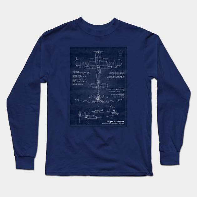 F4U Corsair Blueprint Long Sleeve T-Shirt by Aircraft.Lover